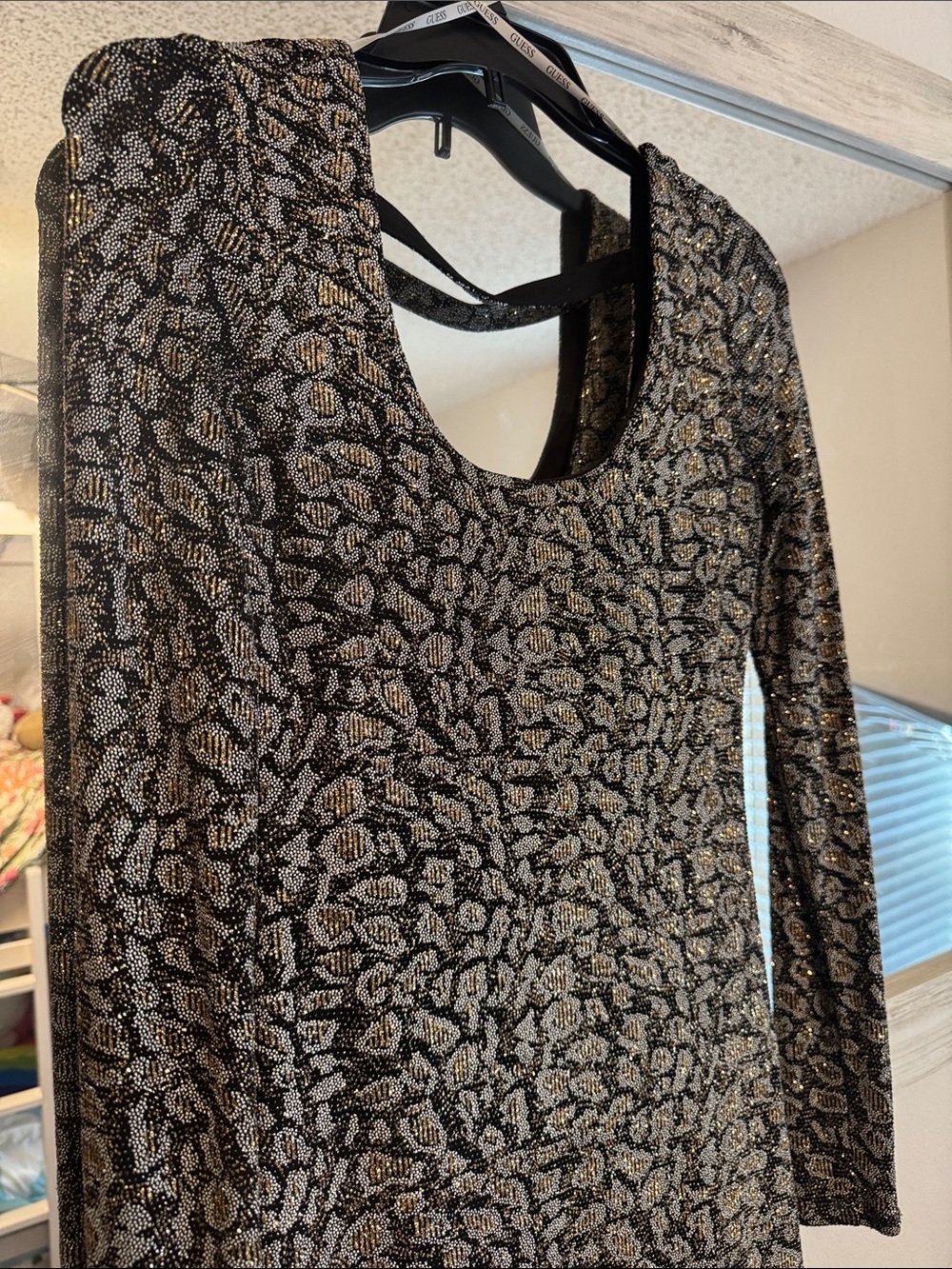 G by Guess Black and Gold Metallic Leopard Long Sleeve Top